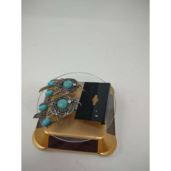Dangly Earrings American Southwest USA Style Turquoise with Feathers and Stone - Picture 2 of 5